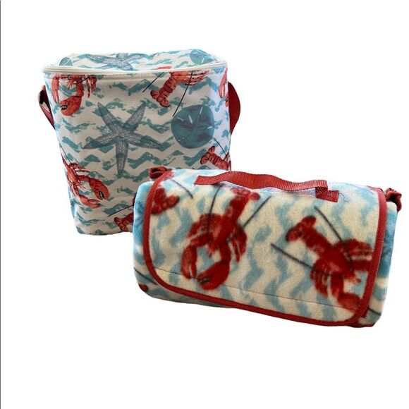 Two Piece Cooler Matching Blanket Beach Pool Picnic Set Summer Orange Blue - Picture 1 of 12